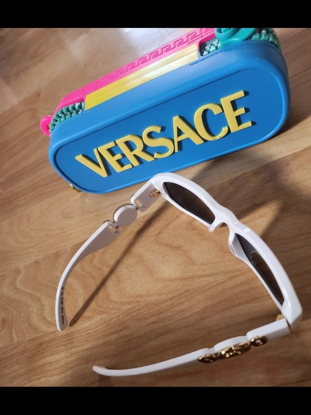 Versace Kids White Sunglasses with Blue & Pink Silicone Case and Yellow Logo